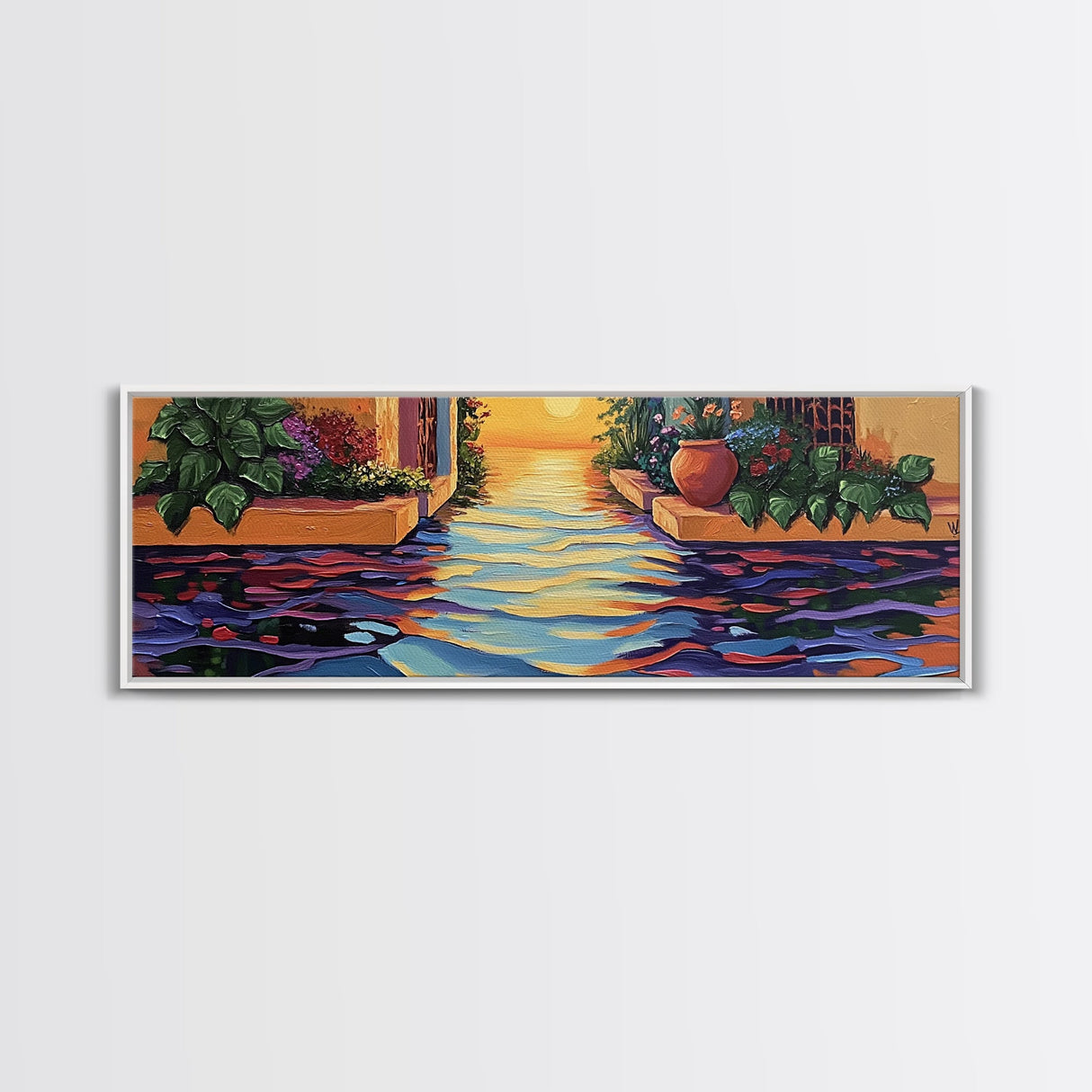 Sunset Canal Garden, Water Reflections, Warm Floral Courtyard, Framed Canvas Print, Kitchen Wall Art, Romantic Boho Artwork