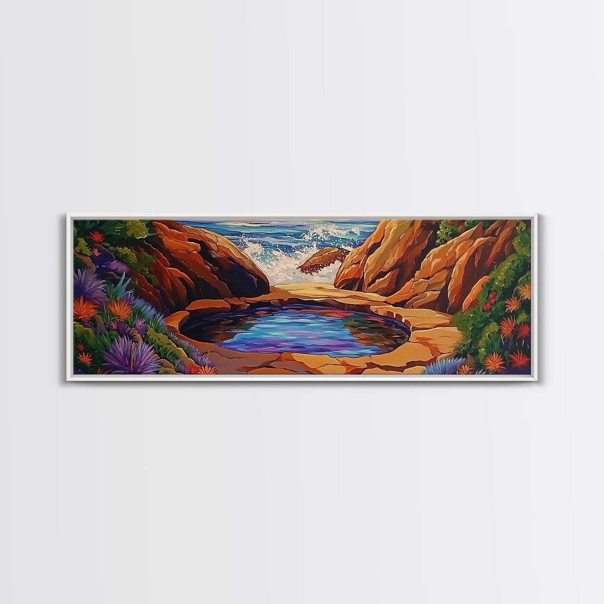 Tidal Pool Escape, Coastal Flowers, Ocean Breeze, Framed Canvas Print, Spa Wall Art, Nature Inspired Decor, Beach Vibe Artwork