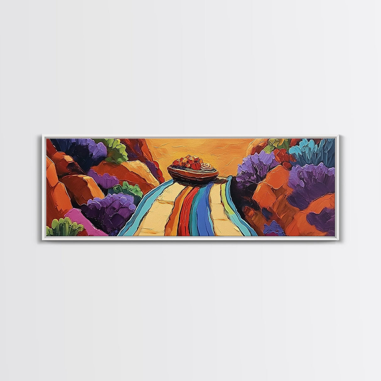 Mexican Blanket Table, Colorful Still Life, Canyon View, Canvas Print, Kitchen Wall Art, Folk Style Decor, Boho Dining Room Art