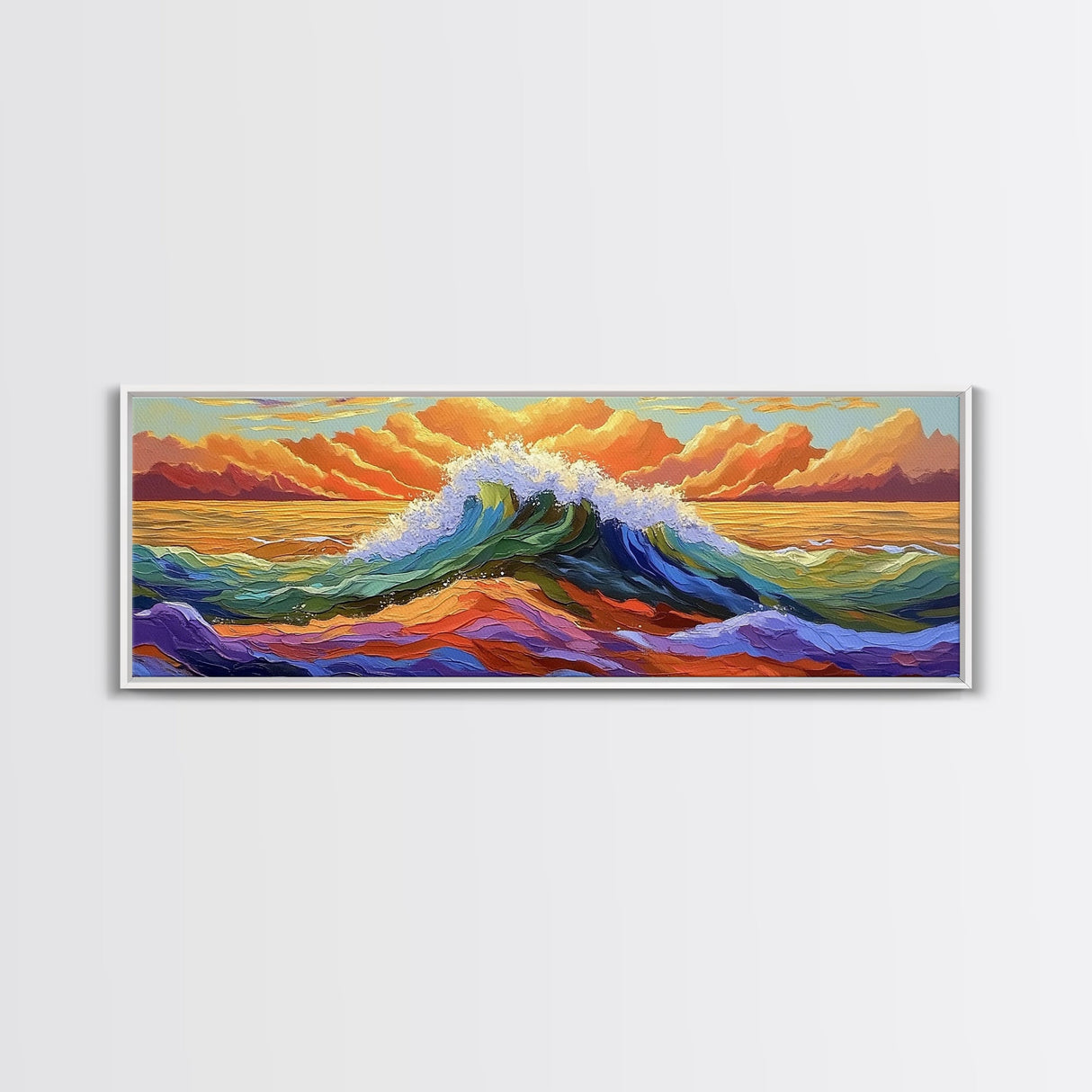 Vibrant Ocean Wave, Coastal Wall Art, Bold Sunset Seascape, Framed Canvas Print, Colorful Beach Decor, Nautical Bathroom Art