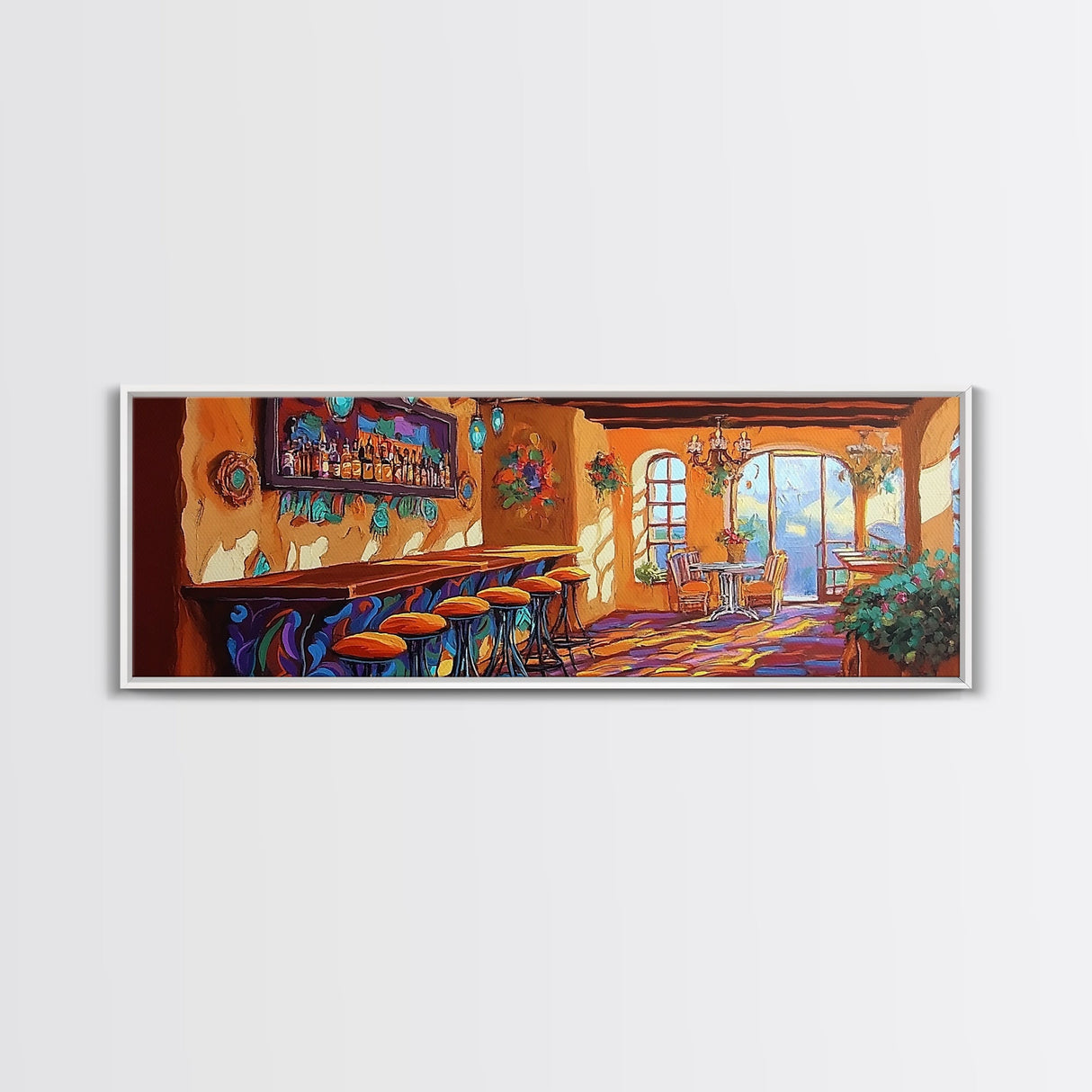 Rustic Cantina Interior, Mexican Bar Scene, Warm Home Decor, Framed Canvas Print, Dining Room Art, Cozy Southwestern Style