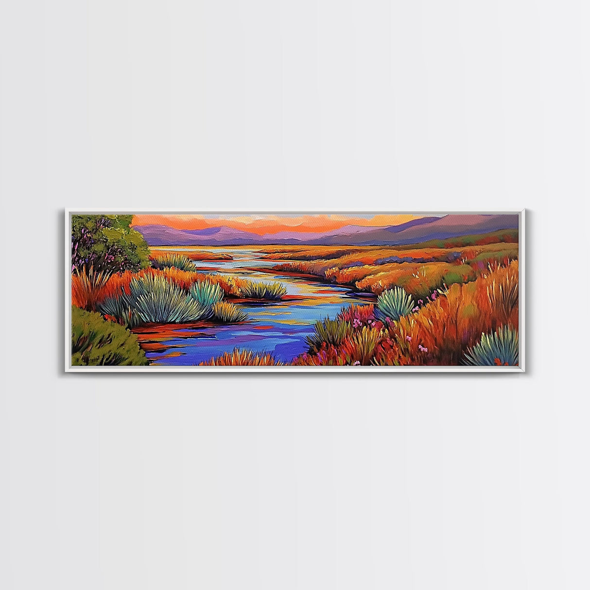 Autumn River Landscape, Colorful Nature Scene, Southwest Wall Art, Framed Canvas Print, Fall Living Room Decor, Warm Tones