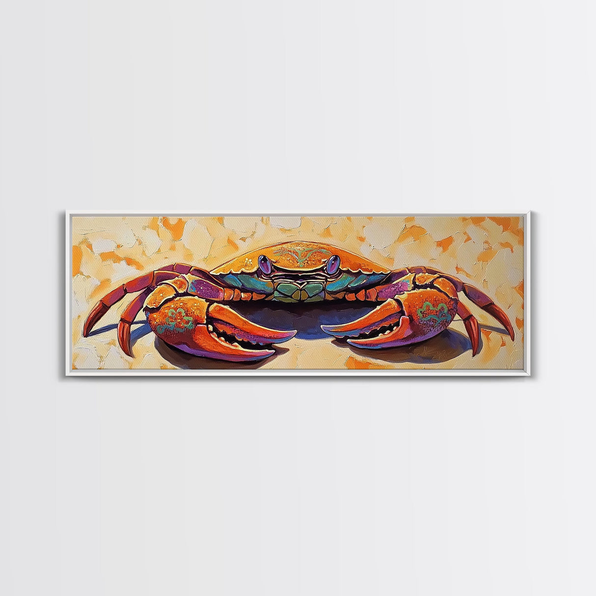 Coastal Crab Art, Beach House Decor, Nautical Vibes, Vibrant Colors Framed Canvas Print, Coastal Kitchen Wall Art, Bold Animal Painting
