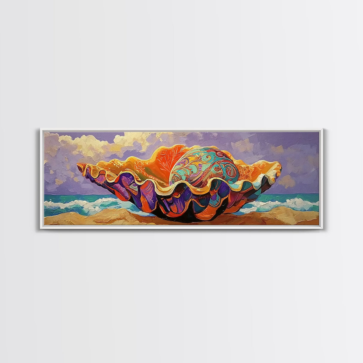 Sea Shell, Ocean Treasure, Vibrant Shell, Beach Fantasy, Framed Canvas Print coastal kitchen art, eclectic decor, colorful wall print