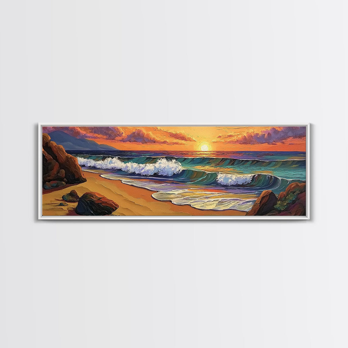 Sunset Beach, Coastal Rocks, Tranquil Shore, Golden Light, Framed Canvas Print beach house decor, minimalist landscape, bedroom art