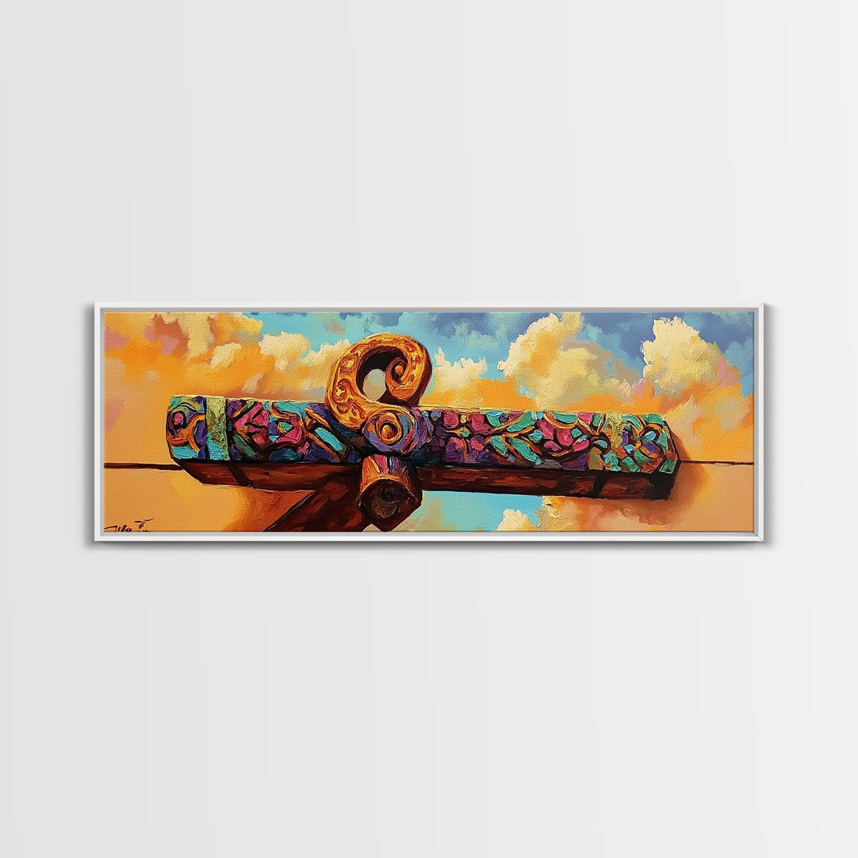 Folk Carved Beam, Southwest Wood Detail, Rustic Architecture Art, Colorful Entryway Style, Framed Canvas Print, Warm Wall Decor
