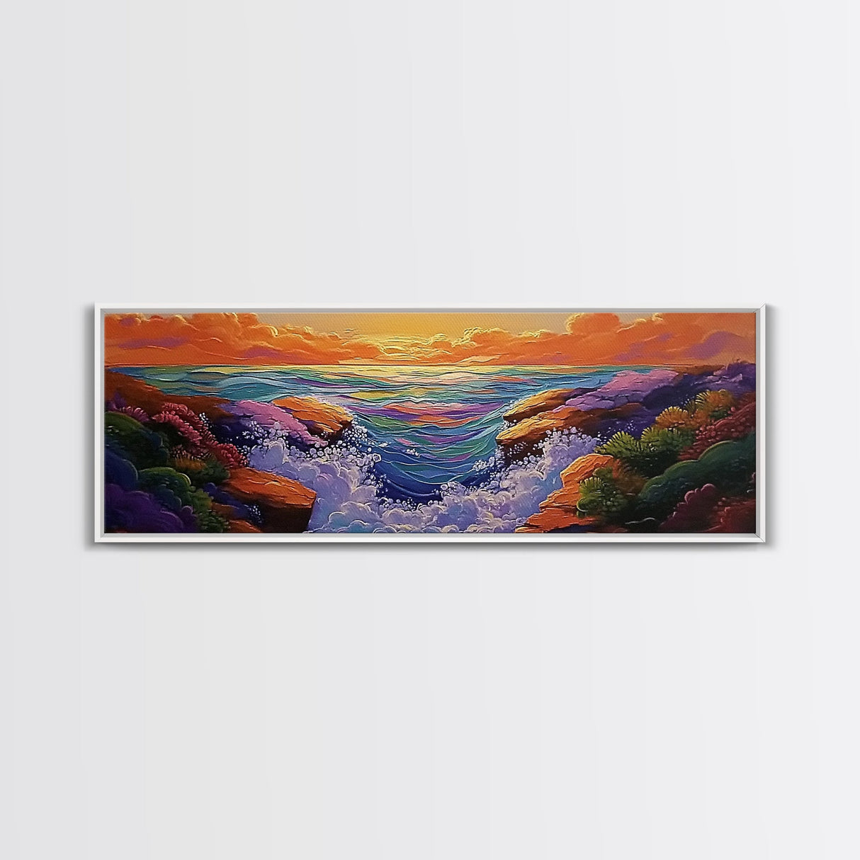 Sunset Coast, Vibrant Waters, Ocean Rocks, Canvas Print, Dreamy Beach Wall Art, Bright Living Room Decor, Boho Seascape Scene