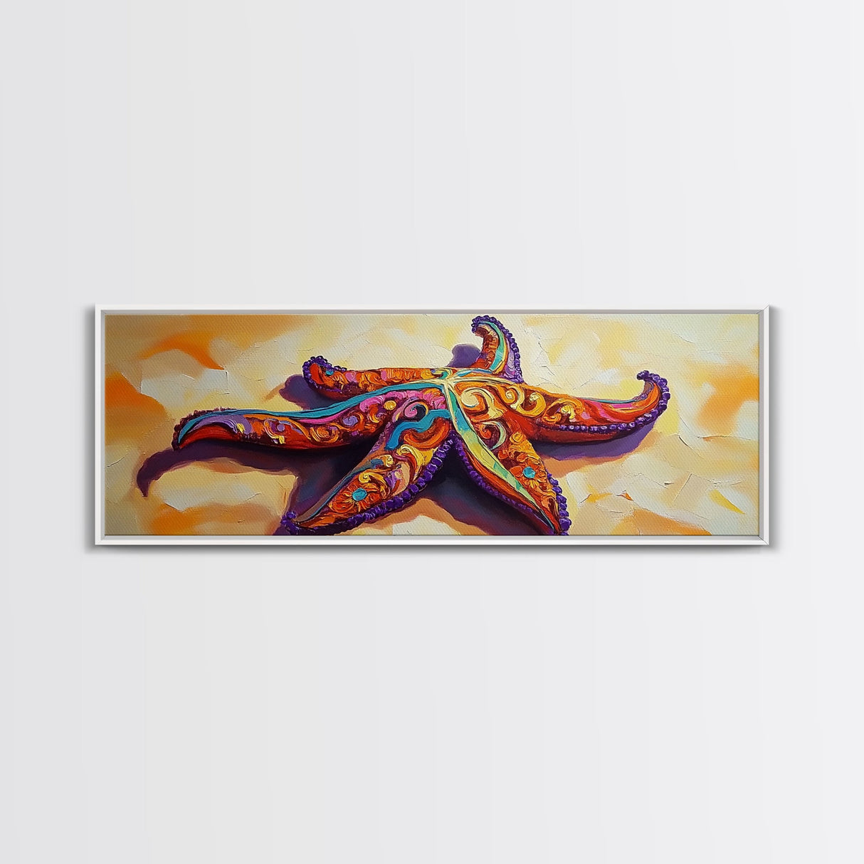 Starfish Pattern, Bold Beach, Ocean Life, Framed Canvas Print, Coastal Bathroom Wall Art, Nautical Boho Decor, Summer Ocean Style