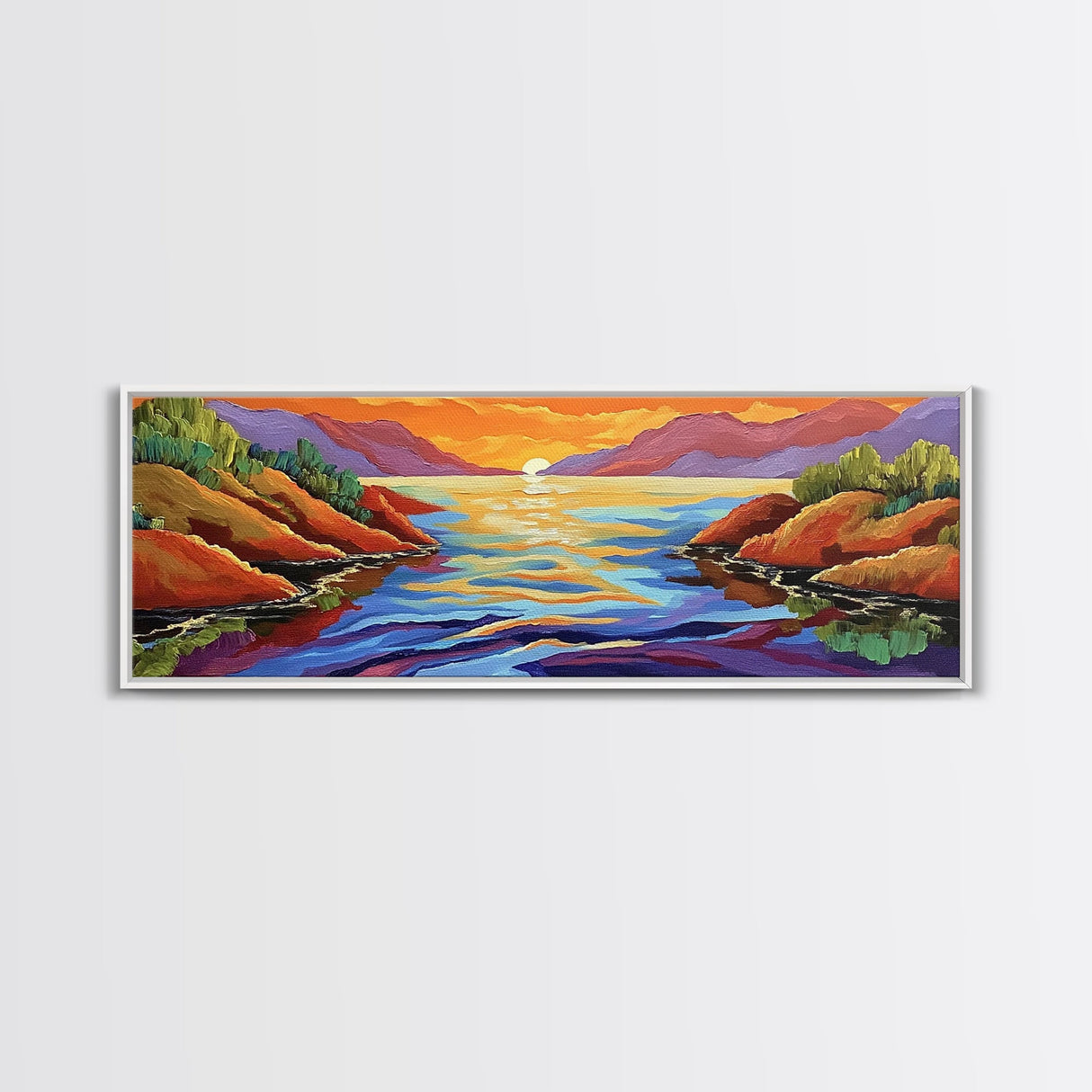 Sunset Lake, Mountain Reflection, Bold Colors, Canvas Print, Tranquil Landscape Art, Living Room Wall Decor, Nature Inspired Aesthetic