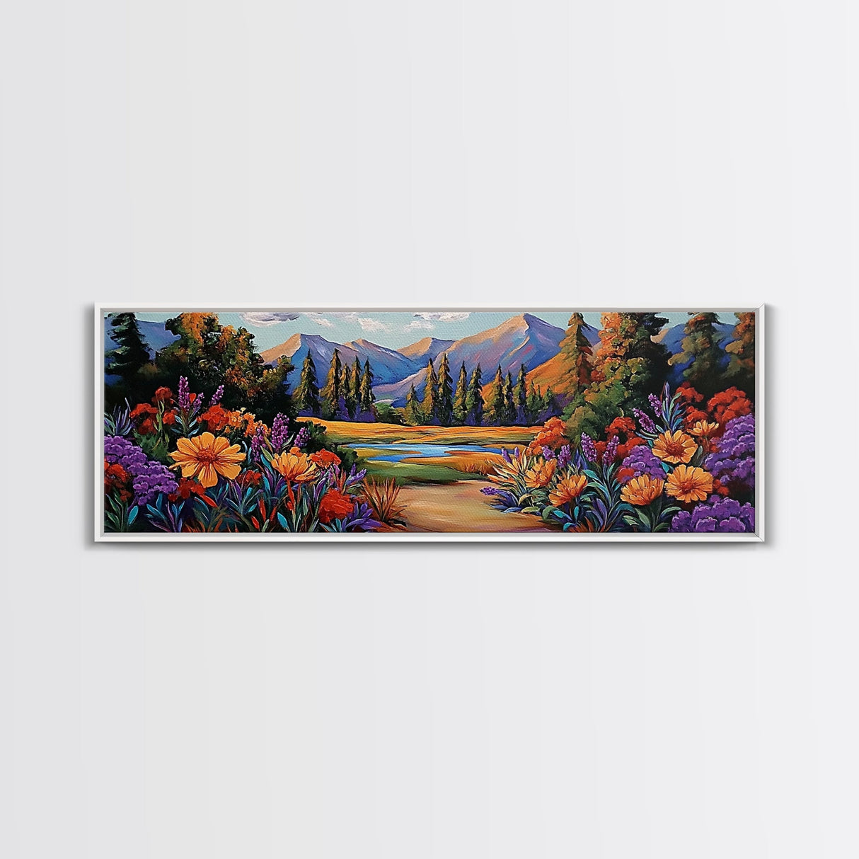 Wildflower Trail Art, Mountain Landscape, Framed Canvas Print, Nature Inspired Decor, Boho Living Room Wall Art, Vibrant Floral Scene