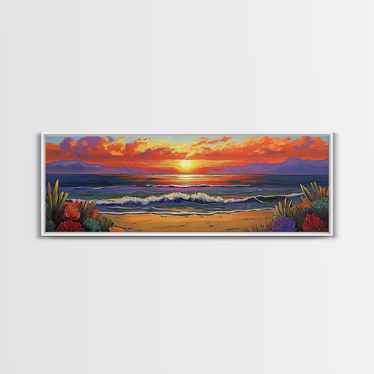Sunset Shoreline Glow, Coastal Floral Painting, Serene Nature Art, Canvas Print, Boho Beach Decor, Living Room or Bedroom Wall Art