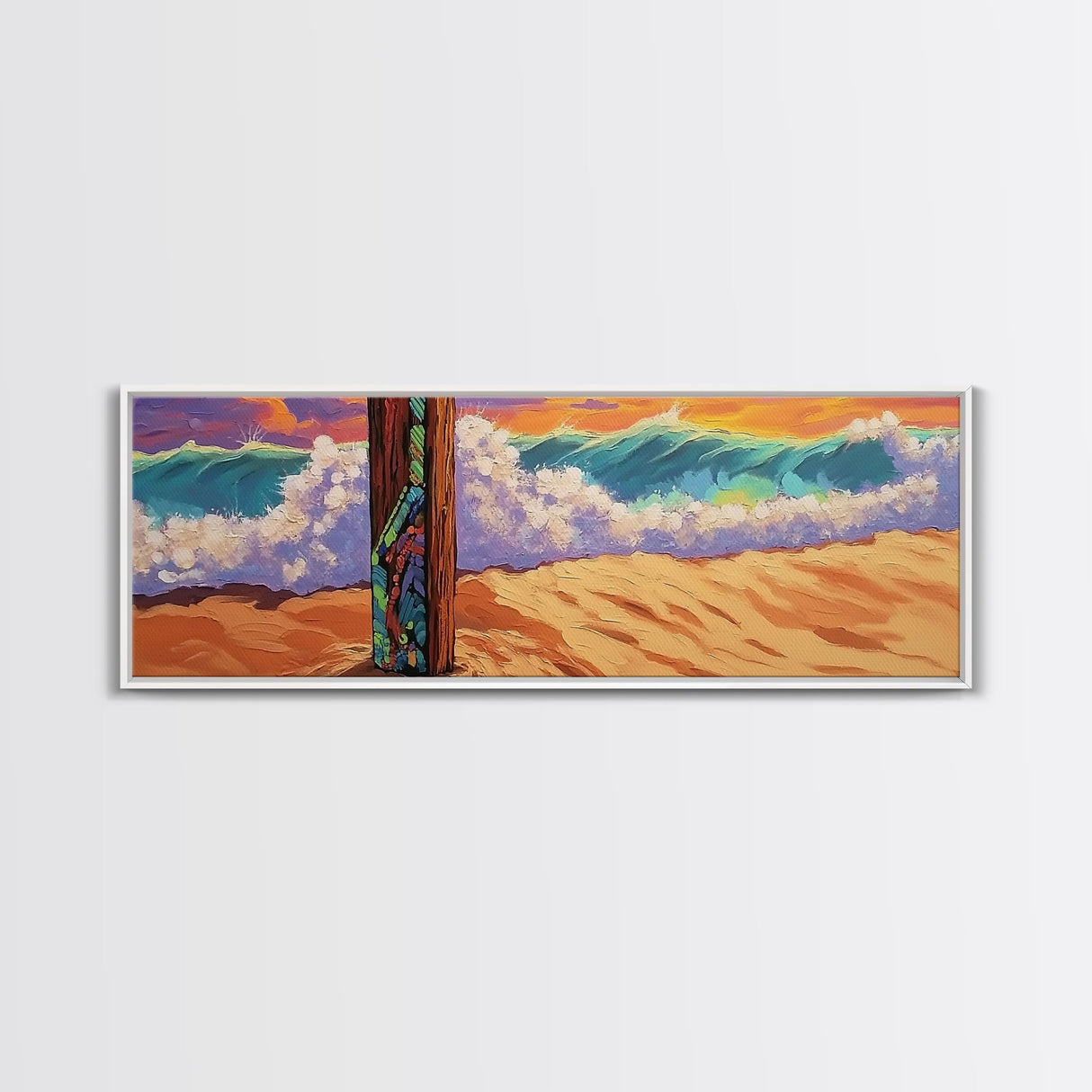 Painted Post, Colorful Shore, Ocean Wave, Surf Vibes, Framed Canvas Print, Beach Bedroom Wall Art, Tropical Seaside Expressionism