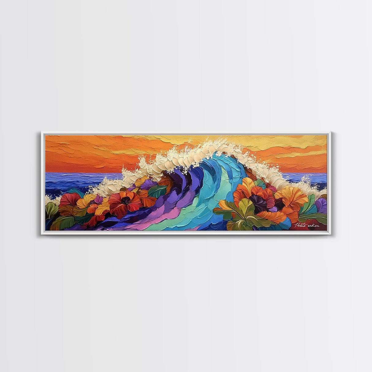 Tropical Surf, Floral Ocean, Hibiscus Wave, Vibrant Beach, Canvas Print, Bathroom Wall Art, Island Decor, Bright Summer Art