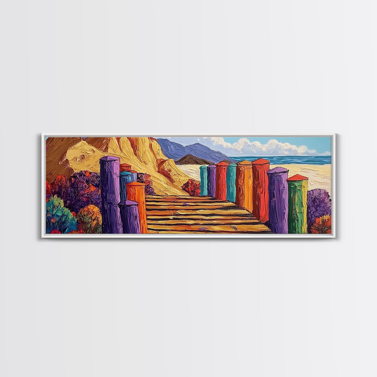 Colorful Cabins, Beach Path, Coastal Walkway, Vibrant Landscape, Canvas Print, Entryway Wall Art, Beach House Art, Bold Palette Decor