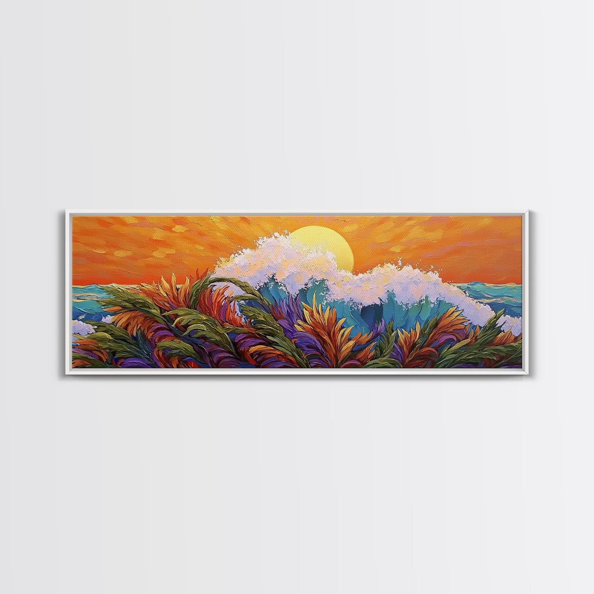 Sunset Wave, Colorful Spray, Ocean Burst, Warm Tones, Framed Canvas Print, surf-inspired bedroom art, coastal decor, tropical fall wall piece