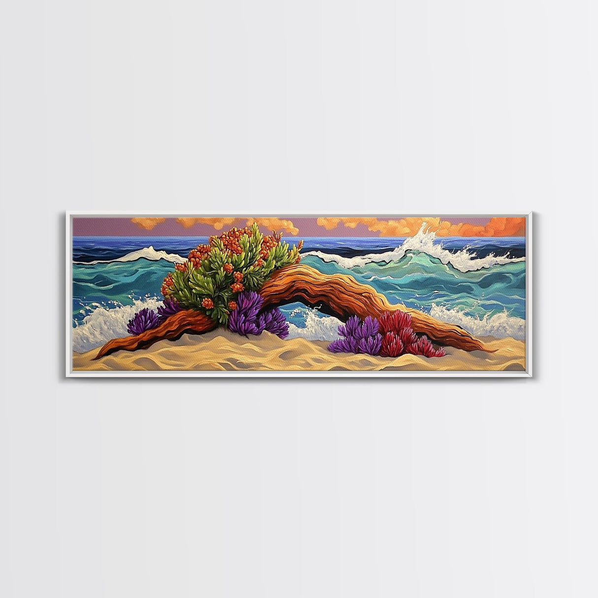 Driftwood Coast, Colorful Ocean, Beach Nature, Framed Canvas Print, Coastal Wall Art, Tropical Living Room Decor, Surreal Seascape Art