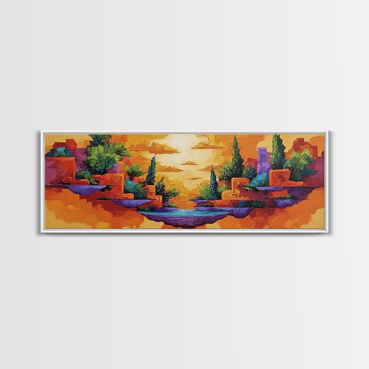 Sunset Islands, Floating World, Fantasy Village, Framed Canvas Print, Whimsical Wall Art, Eclectic Home Decor, Surreal Landscape Art