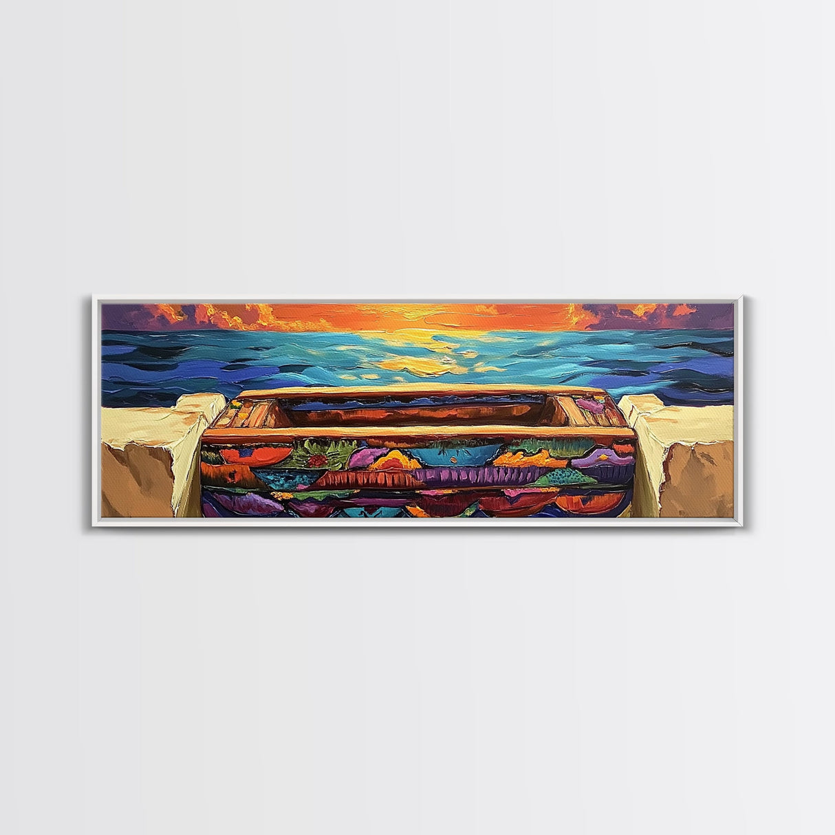 Sunset Pier, Ocean Horizon, Bold Seascape, Framed Canvas Print, Beach House Wall Art, Coastal Dining Room Decor, Vibrant Nautical Art