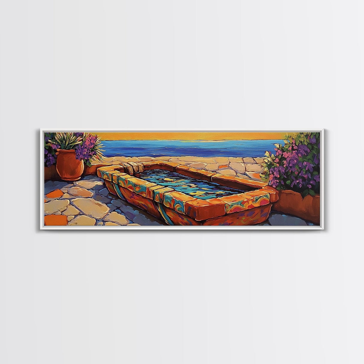 Sunset Garden View, Mediterranean Patio, Vibrant Colors, Coastal Escape, Framed Canvas Print, Bathroom Wall Art, Colorful Outdoor Art