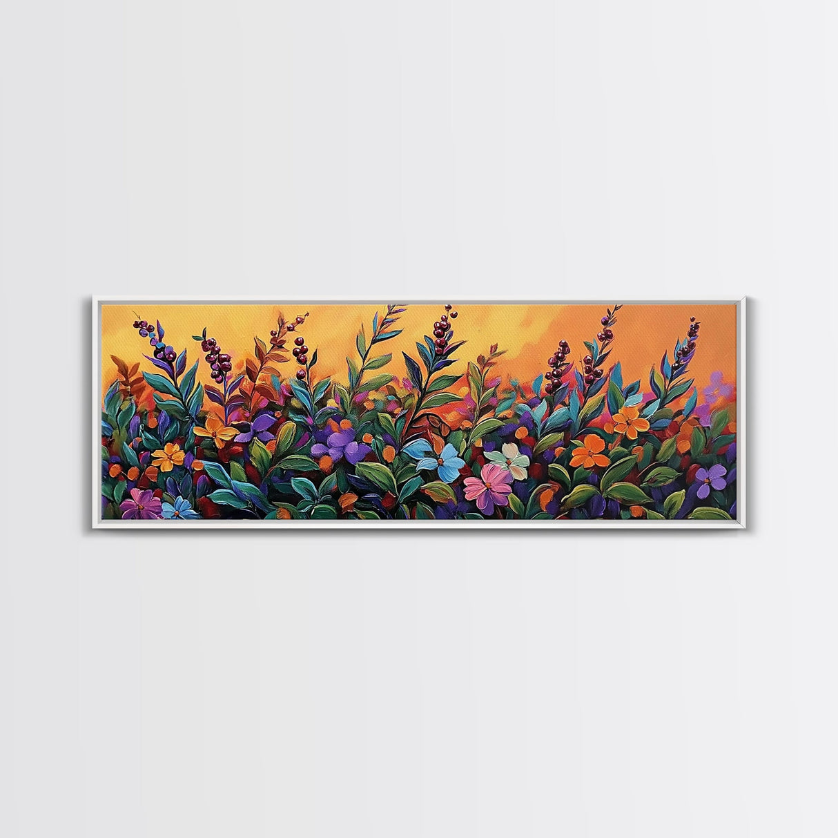 Autumn Garden Flowers, Orange Sky, Bold Leaves, Seasonal Blooms, Canvas Print, Fall Kitchen Wall Art, Botanical Color Pop