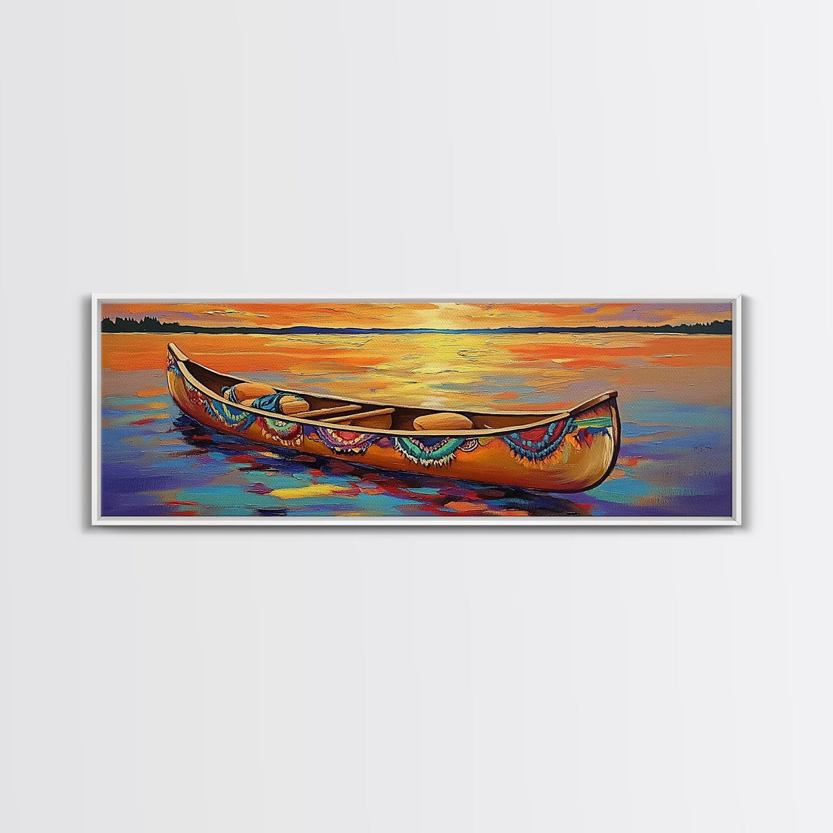 Sunset Lake Canoe, Peaceful Evening Art, Autumn Water Scene, Canvas Print, Rustic Cabin Wall Art, Colorful Lakehouse Decor