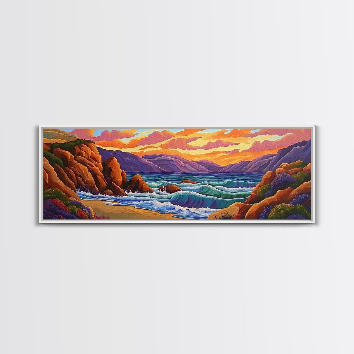 Sunset Coastal Waves, Bold Seascape Painting, Vibrant Ocean Scene, Framed Canvas Print, Beach Wall Art, Nautical Living Room Decor