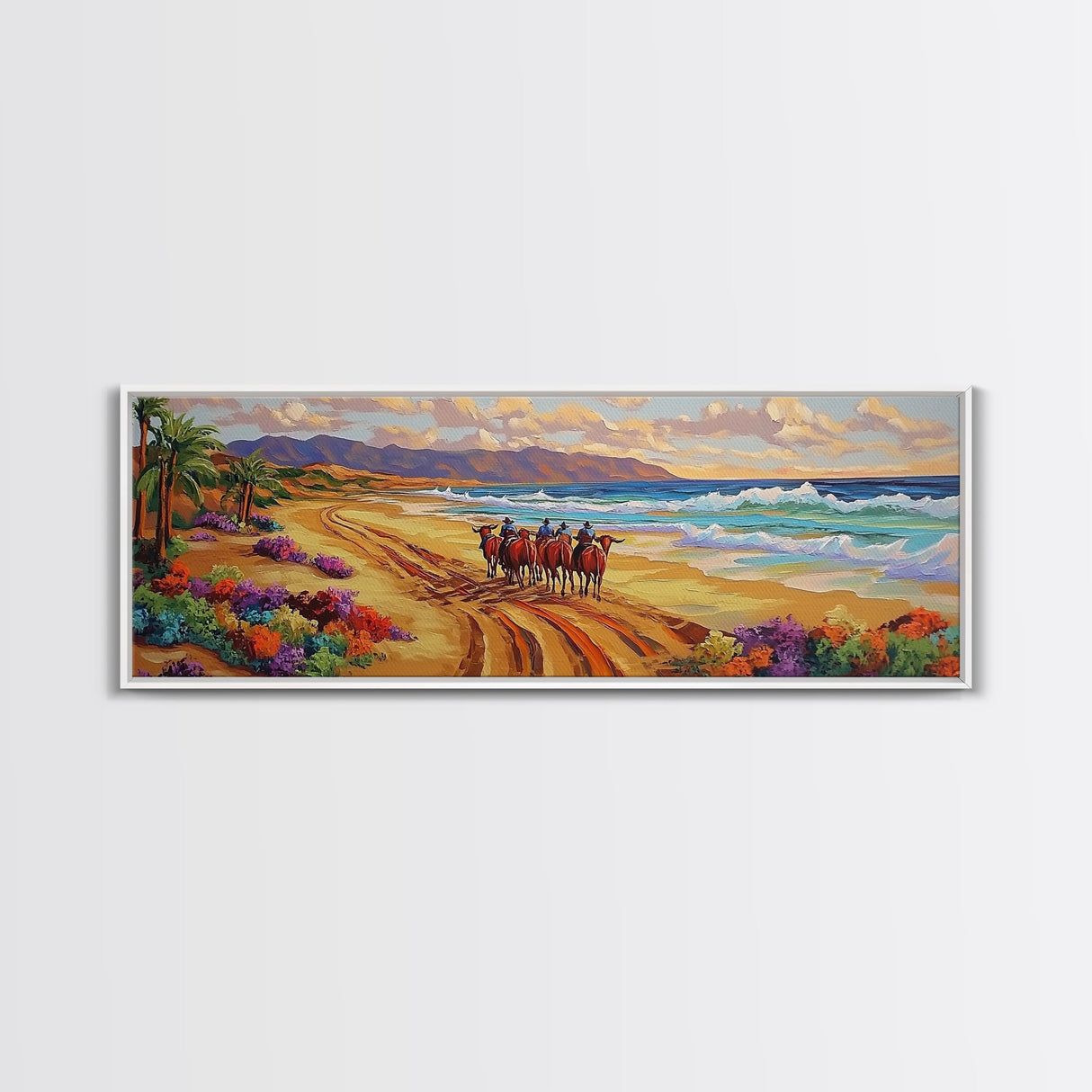 Western Beach Trail, Cowboy Horses Art, Desert Shoreline, Canvas Print, Fall Wall Decor, Rustic Western Style, Living Room Wall Art