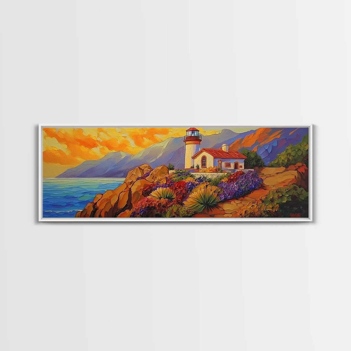 Lighthouse View, Ocean Sunset, Seaside House, Framed Canvas Print, Beach Coastal Decor, Nautical Living Room Art, Bold Color Art