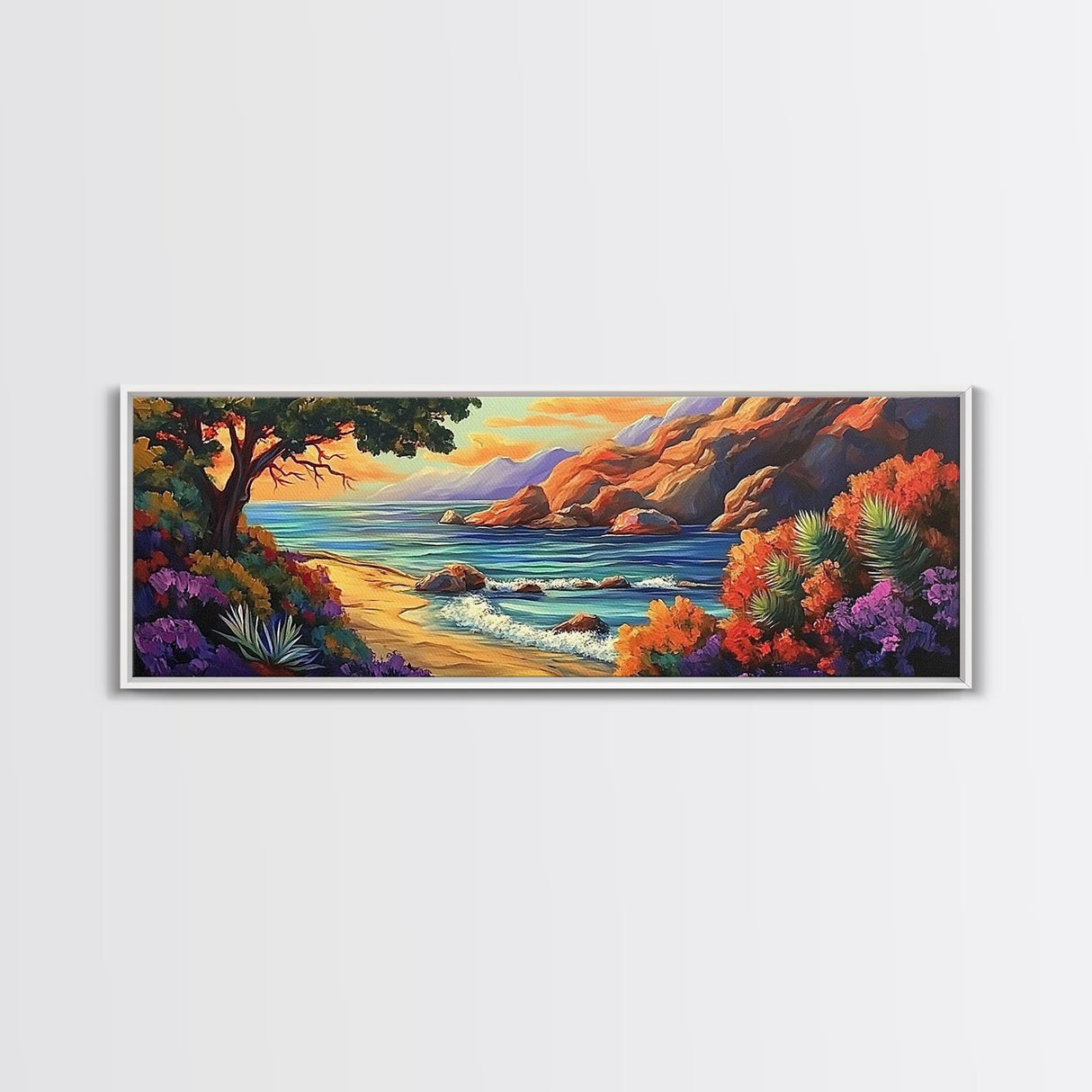 Tranquil Beach, Ocean Breeze, Sunset Cliffs, Canvas Print, Vibrant Seascape Wall Art, Coastal Living Room Decor, Boho Beach Art