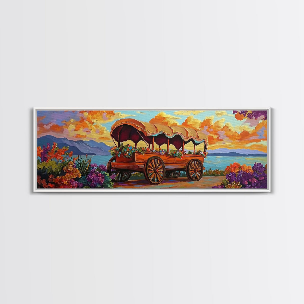 Flower Wagon, Sunset Trail, Wildflower Garden, Rustic Charm, Framed Canvas Print, Autumn Wall Art, Living Room Decor, Country Farmhouse Art