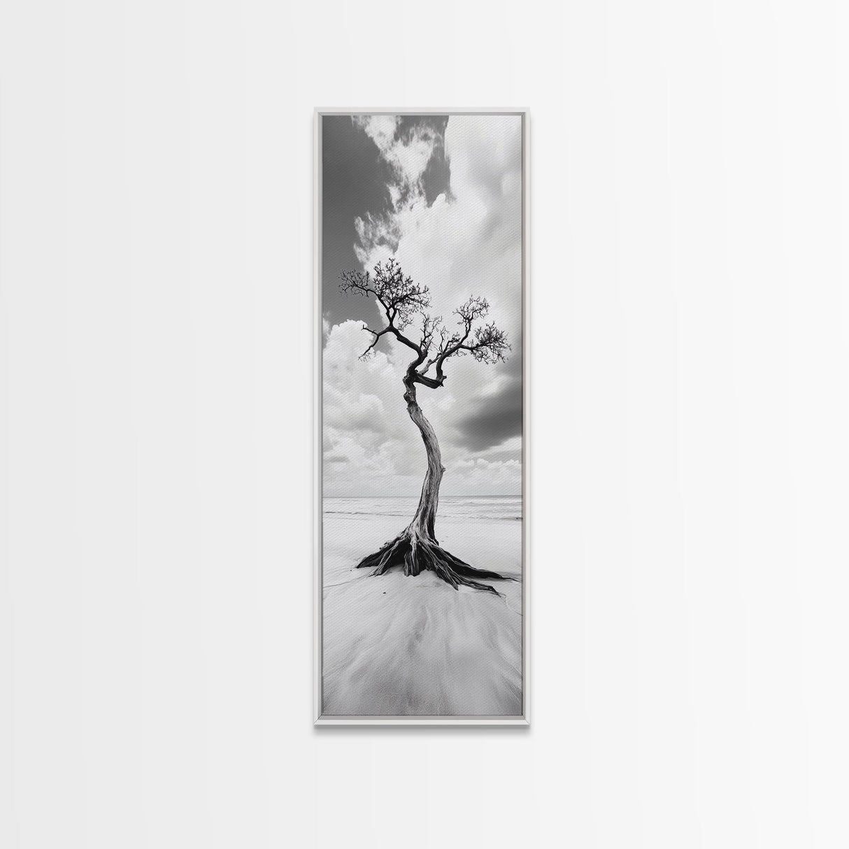 Solitary Tree, Beach Art, Surreal Landscape, Moody Wall Decor, Framed Canvas Print, Meditation Room Art, Monochrome Nature Style