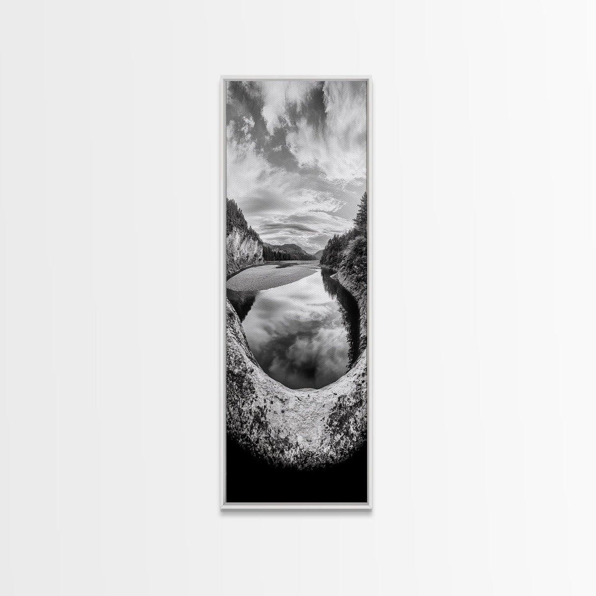 Black and White River, Forest Nature Scene, Reflection Wall Art, Framed Canvas Print, Neutral Landscape, Minimalist Bedroom Decor