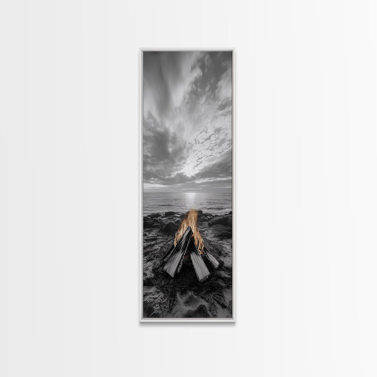 Beach Bonfire Glow, Coastal Campfire Art, Sunset Ocean Scene, Framed Canvas Print, Autumn Decor, Rustic Living Room Wall Art