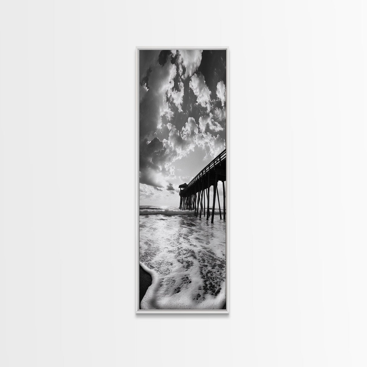 Pier at Sunrise, Ocean Horizon Print, Seascape Photography, Framed Canvas Print, Coastal Bathroom Wall Art, Nautical Theme Decor