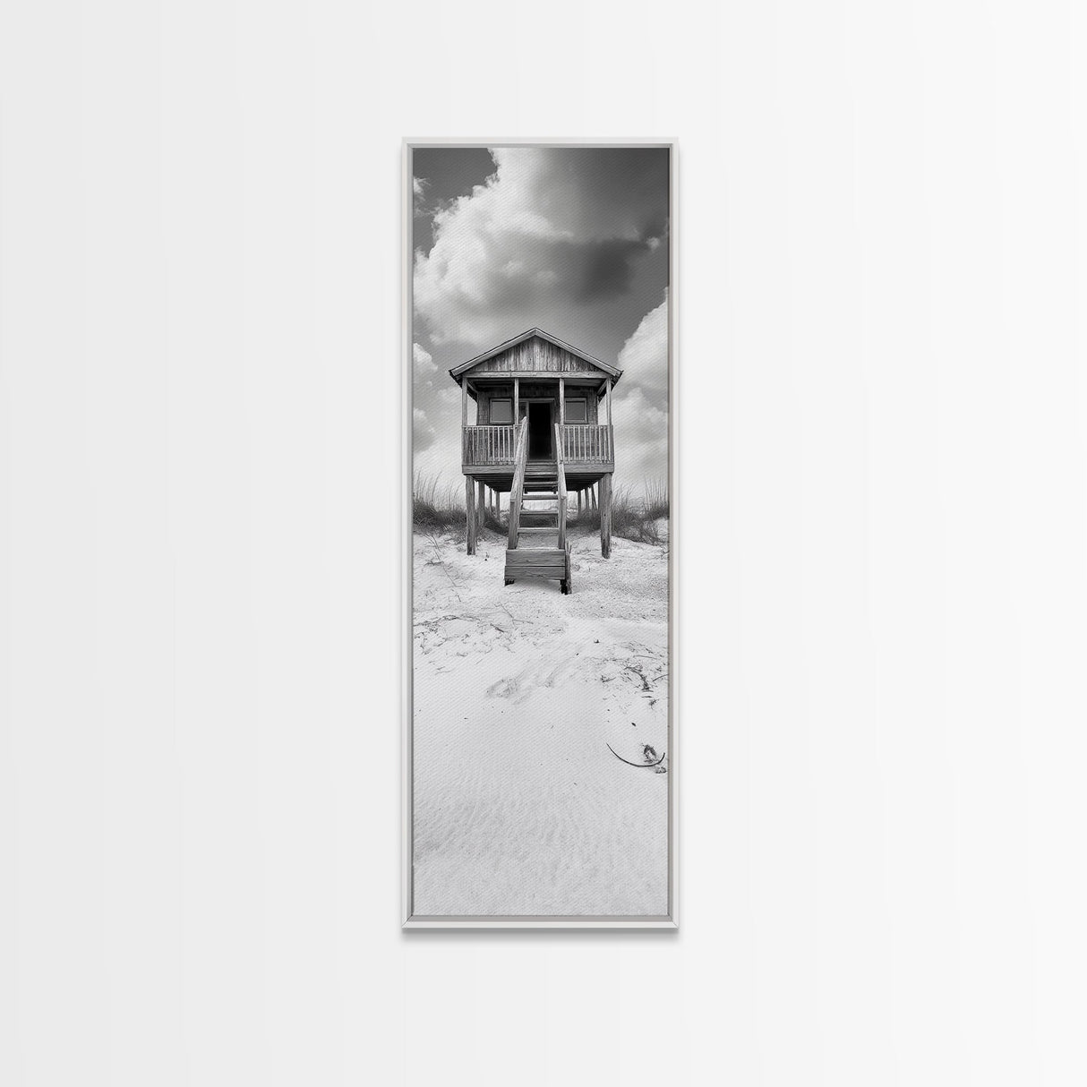 Beachfront Cabin, Rustic Shack, Seaside Simplicity, Cloudy Sky, Island Life, Framed Canvas Print, Entryway Wall Art, Coastal Farmhouse Decor