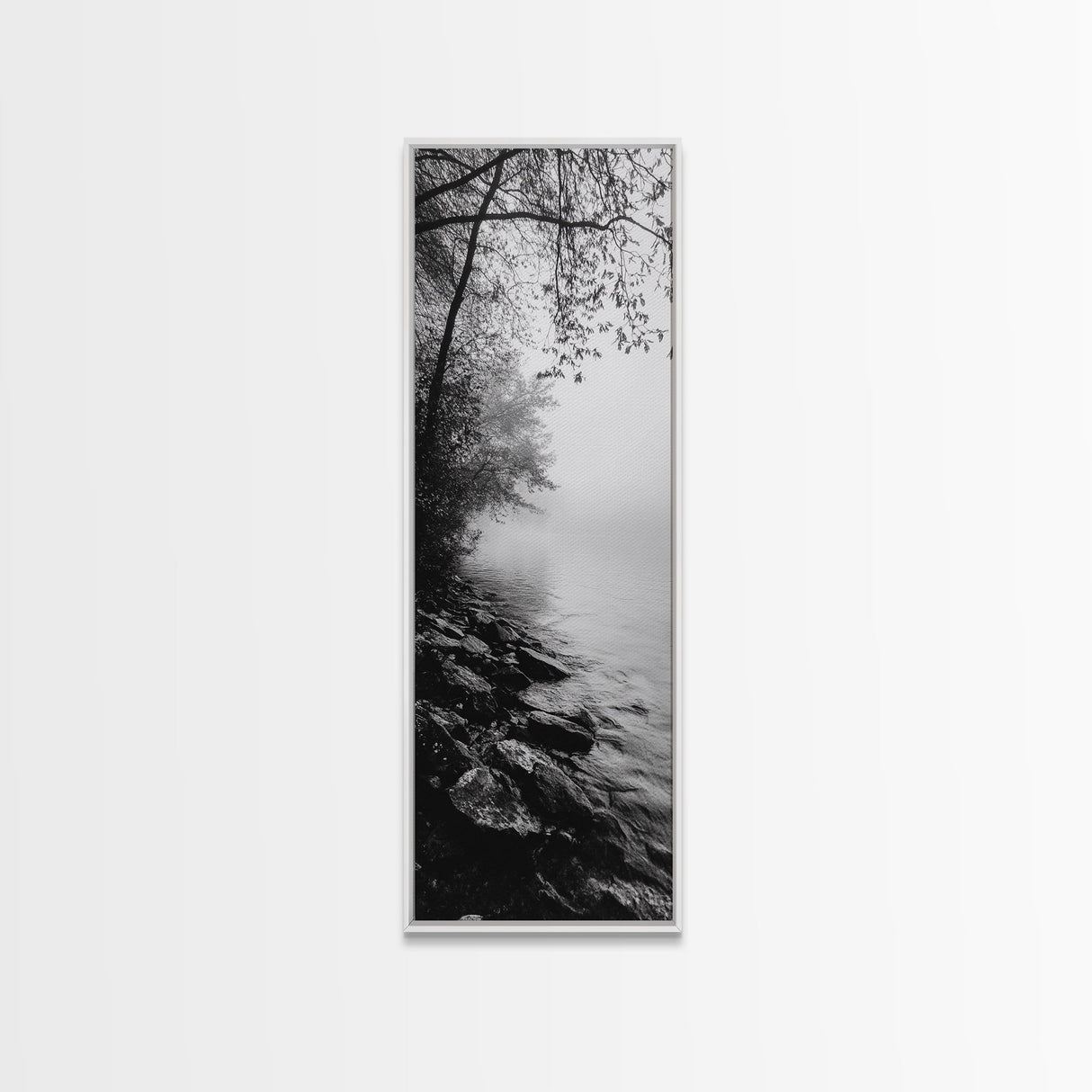 Lakeside Mist, Rocky Shoreline, Tranquil Forest, Framed Canvas Print, Peaceful woodland wall art, Fall neutral decor, Nature themed office print