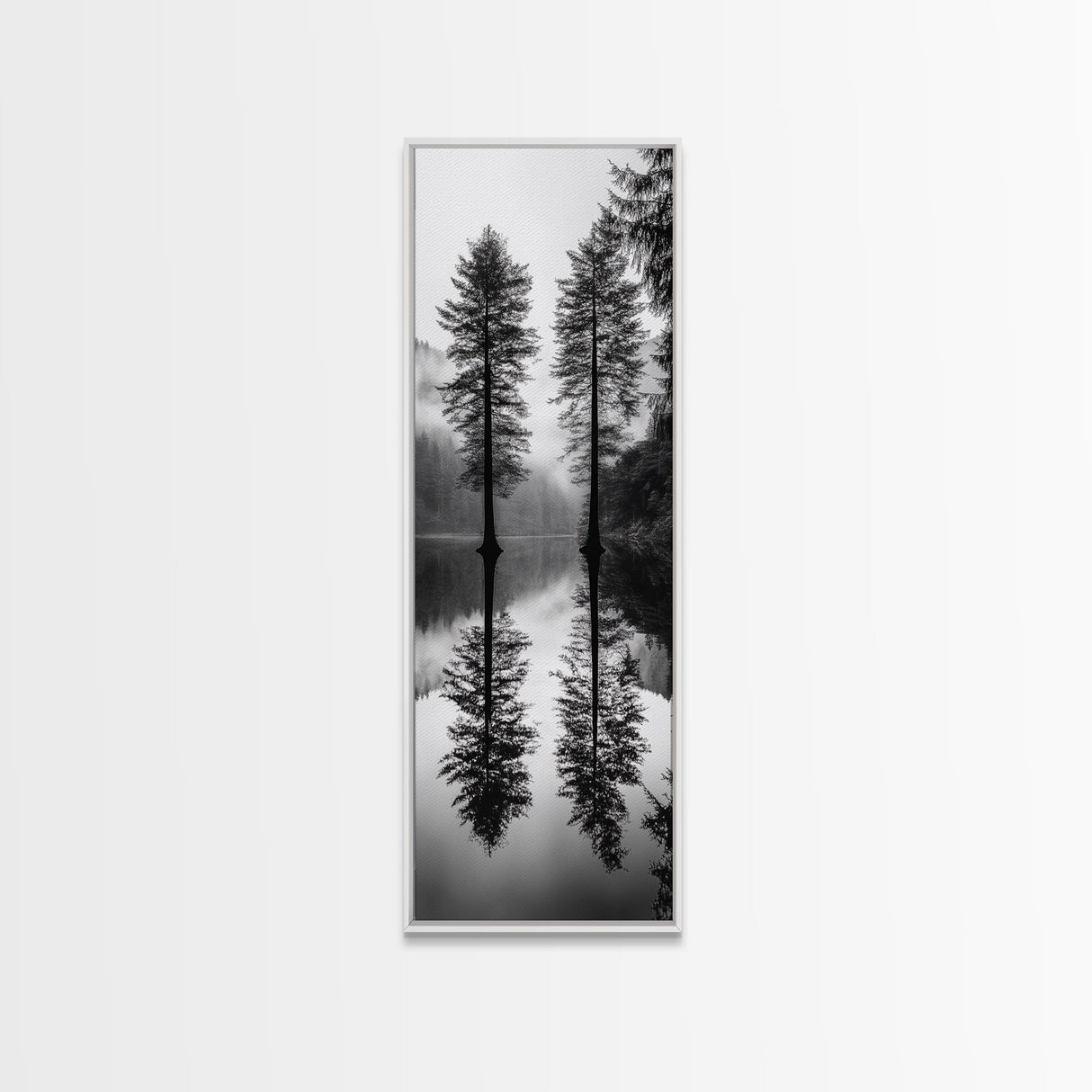 Twin Pines, Forest Reflection, Misty Lake, Black and White Nature, Framed Canvas Print, Living Room Wall Art, Nature Photography, Zen Decor
