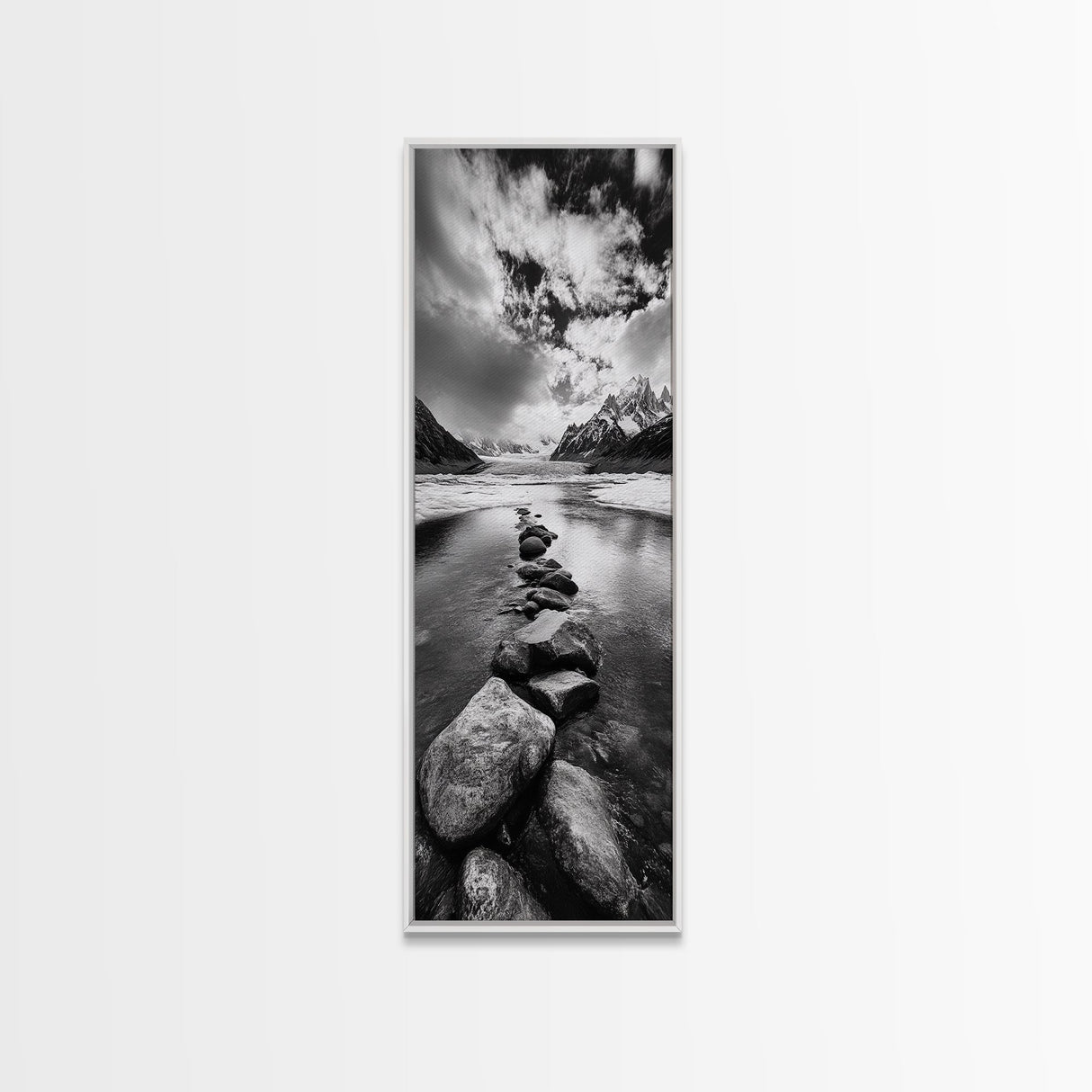 Mountain Stream, Stone Path, Black and White Nature, Scenic Landscape, Framed Canvas Print, Modern Cabin or Rustic Wall Decor, Office Art