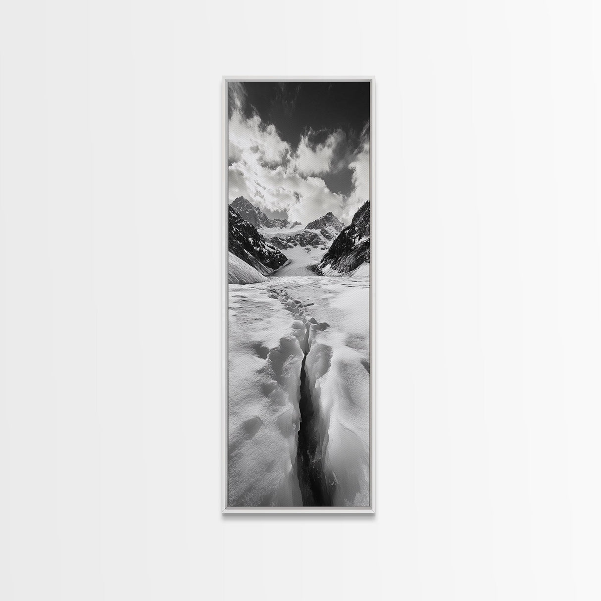 Glacier Trail, Snowy Valley, Black and White Mountain Art, Crevasse Texture, Canvas Print, Winter Landscape, Office Print, Entry Wall Art