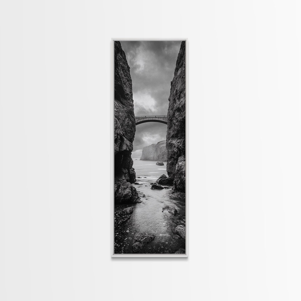 Sea Arch, Cliff Bridge, Coastal Landscape, Dramatic Ocean View, Black and White Framed Canvas Print, Bathroom Art, Hallway Wall Art