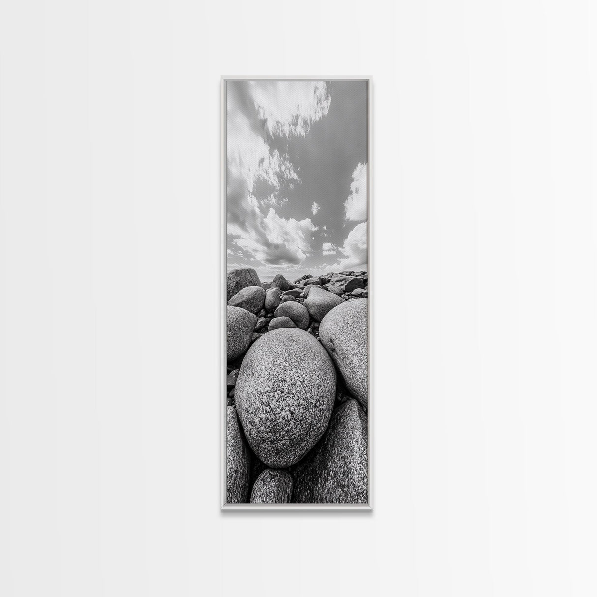 Granite Boulders, Coastal Rocks, Ocean Horizon, Dramatic Clouds, Framed Canvas Print, Nature Wall Art, Modern Beach House Decor