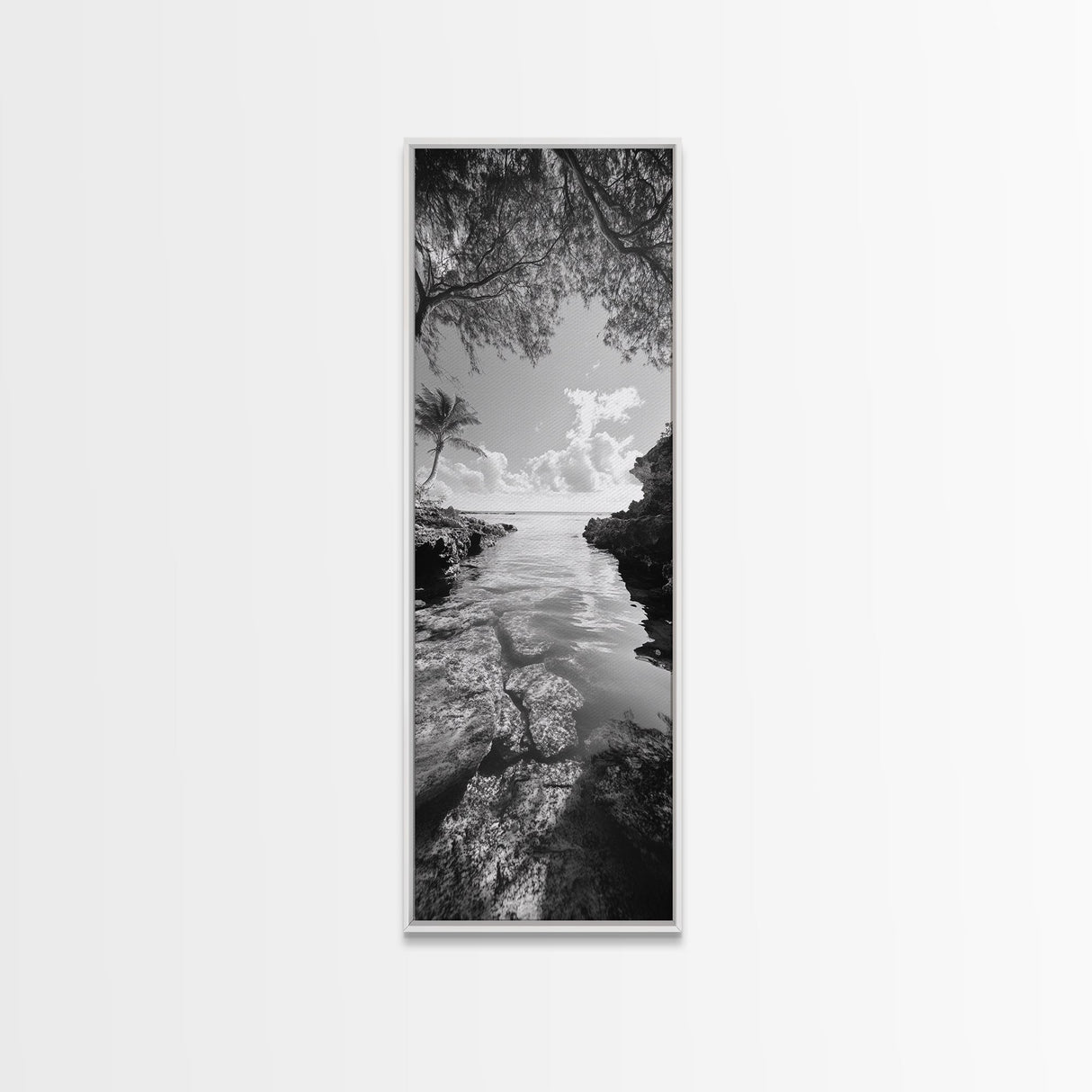 Island Cove, Palm Tree, Peaceful Sea, Tropical Coastline, Black and White Framed Canvas Print, Boho Beach Wall Art, Bathroom Decor