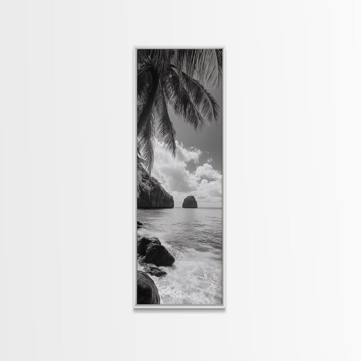 Island View, Palm Shoreline, Tropical Escape, Framed Canvas Print, Beach House Wall Art, Coastal Summer Decor, Zen Ocean Aesthetic