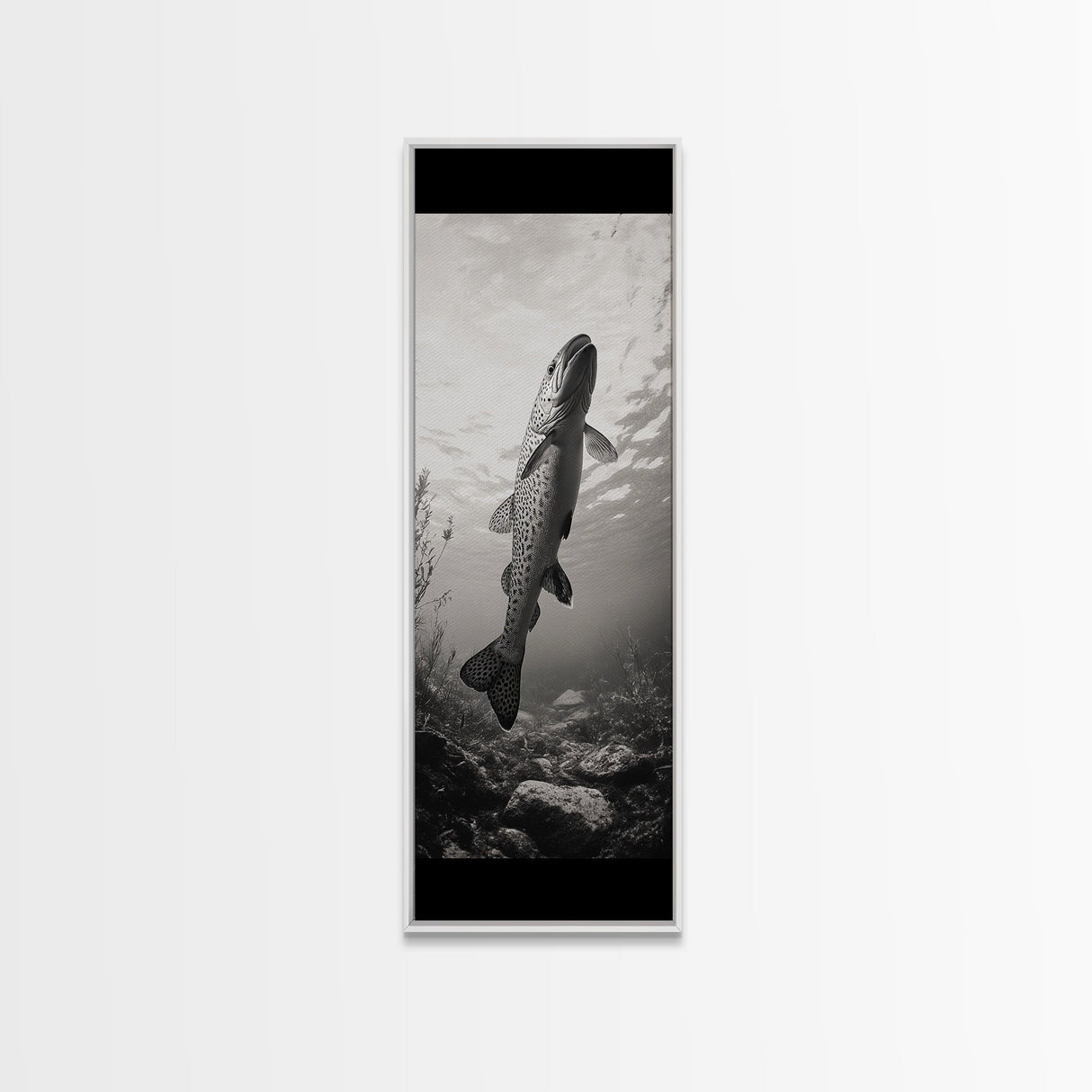 Rising Trout, Underwater Fish, Nature Close-Up, Canvas Print, Cabin Wall Art, Rustic Decor, Fishing Lover Gift, Black and White Art