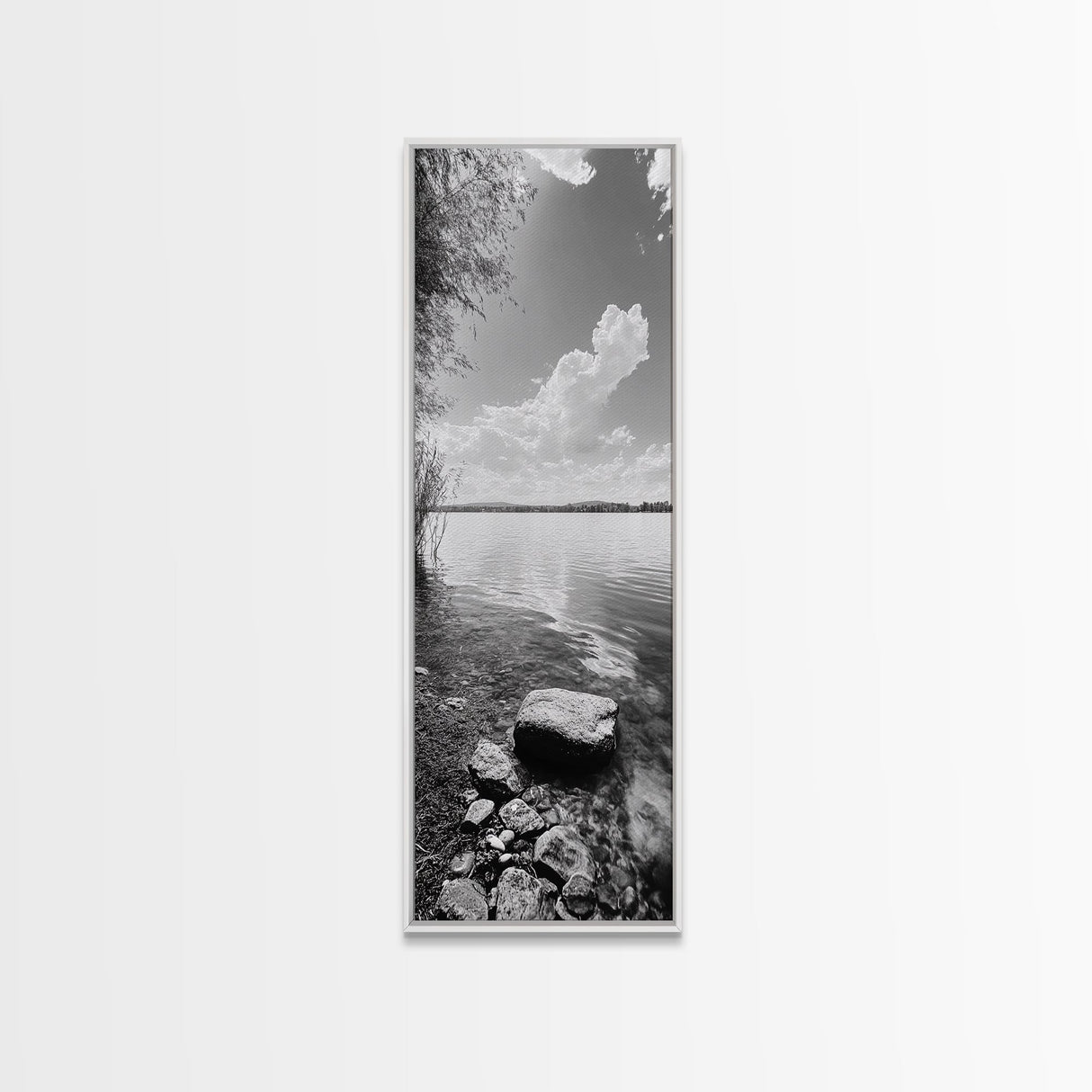 Peaceful Lake, Cloud Reflection, Shoreline Stones, Framed Canvas Print, Guest Room Wall Art, Nature Inspired Decor, Minimalist Landscape