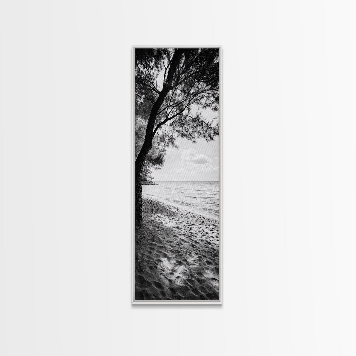Coastal Tree Shade, Beach Sand Path, Seaside Serenity, Nature Retreat, Framed Canvas Print, Bathroom Wall Art, Neutral Tones, Calm Ocean Art