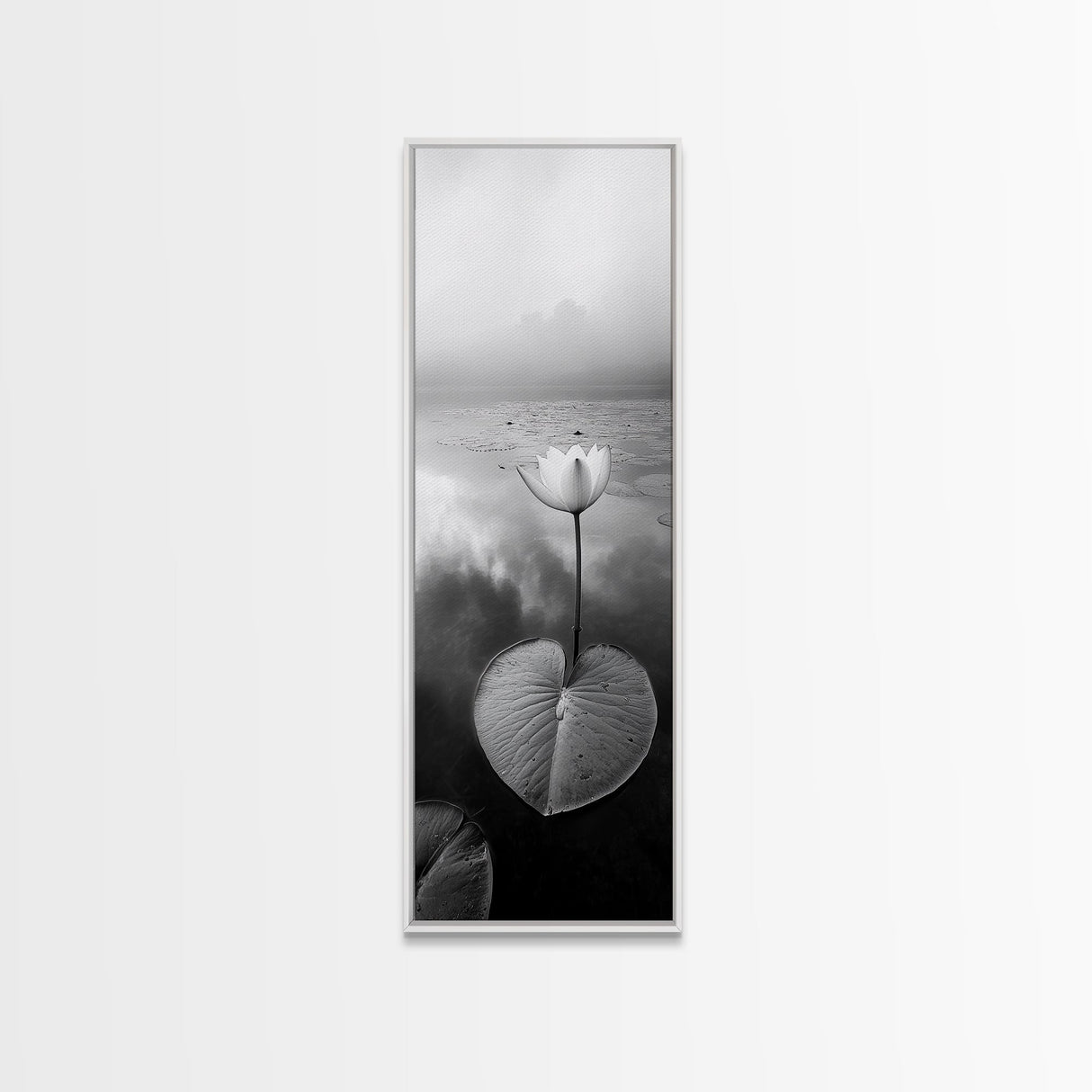 Minimalist Lotus, Zen Flower, Misty Pond, Tranquil Nature, Monochrome Botanical Framed Canvas Print, Bedroom Meditation Wall Decor