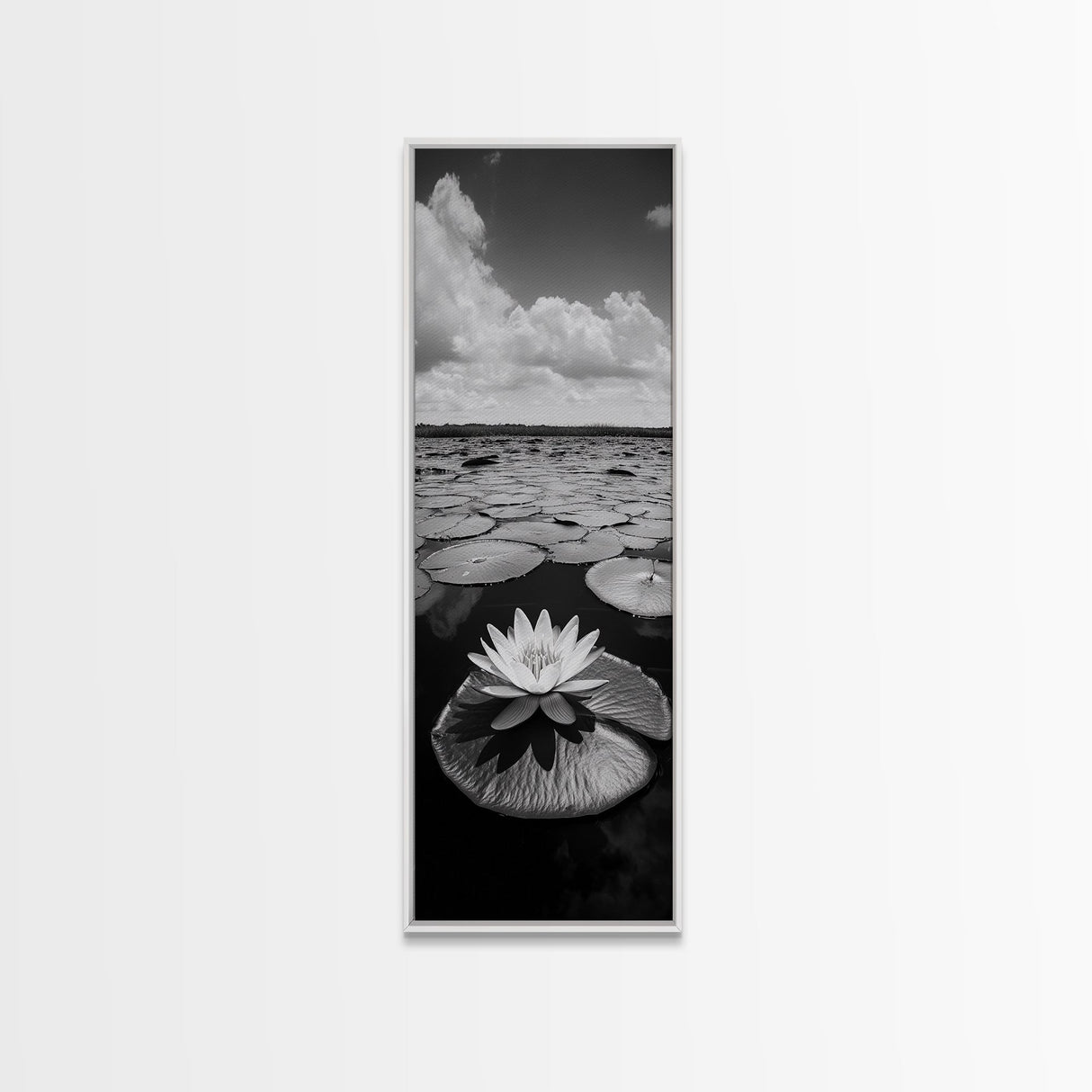 Water Lily Bloom, Lake Flowers, Lotus Petals, Peaceful Reflections, Botanical Art Framed Canvas Print, Spa Room Floral Wall Decor
