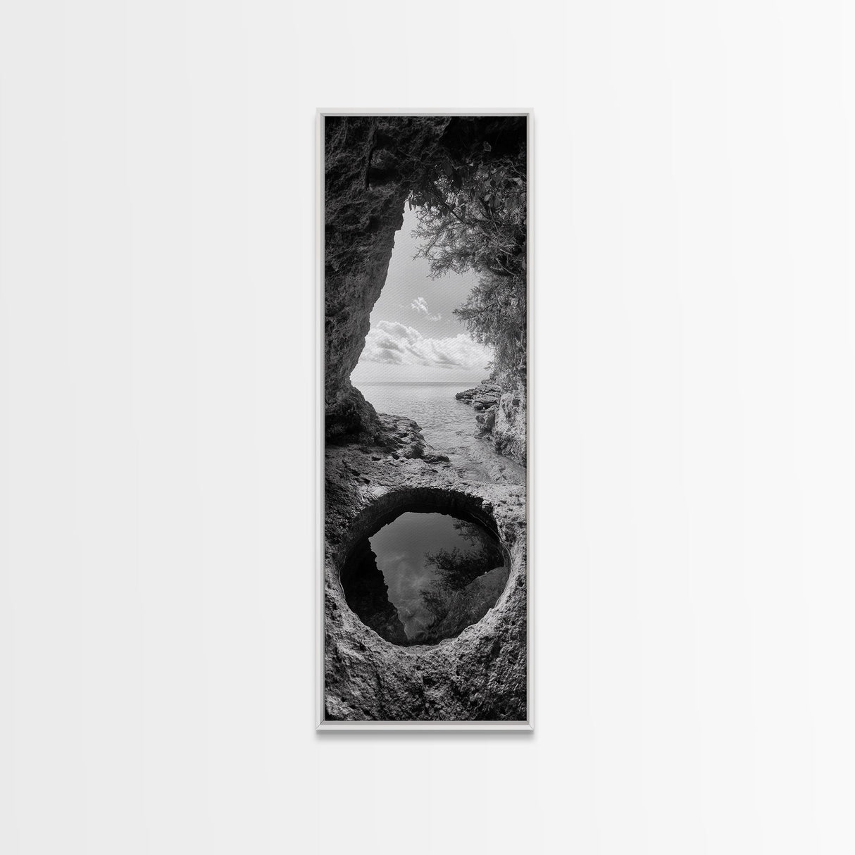 Ocean Cave, Coastal View, Natural Tide Pool, Canvas Print, Bathroom Wall Art, Seaside Decor, Minimalist Landscape, Black and White Art