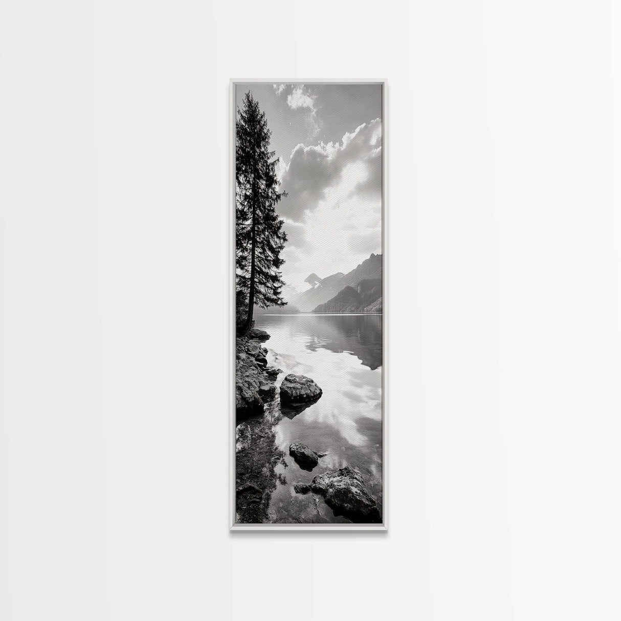 Mountain Lake Peace, Still Water View, Nature Escape, Framed Canvas Print, Living Room Wall Art, Nordic Cabin Decor, Minimal Landscape